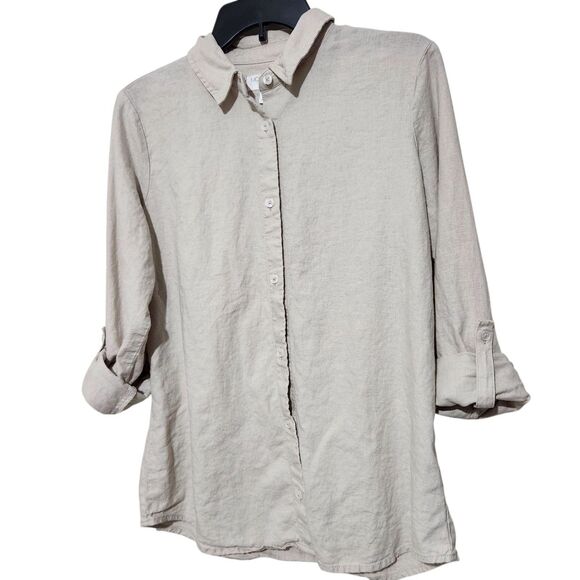 Morgan Taylor Linen Blend Shirt For Women Medium Roll Tab Sleeves Almond Color - Picture 1 of 9